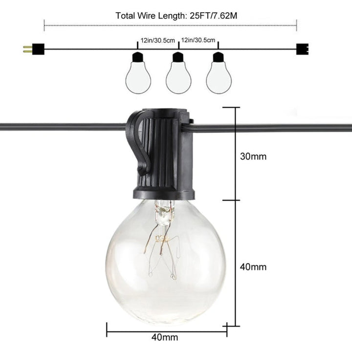 Stornfield | G40-EU-25 G40 7.6m 175W E12 IP44 Waterproof Retro Filament String Lights, 25 LED Bulbs Decorative Lamp for Garden, Building, Bar, Party, Wedding, AC 220V, EU Plug (Warm White)