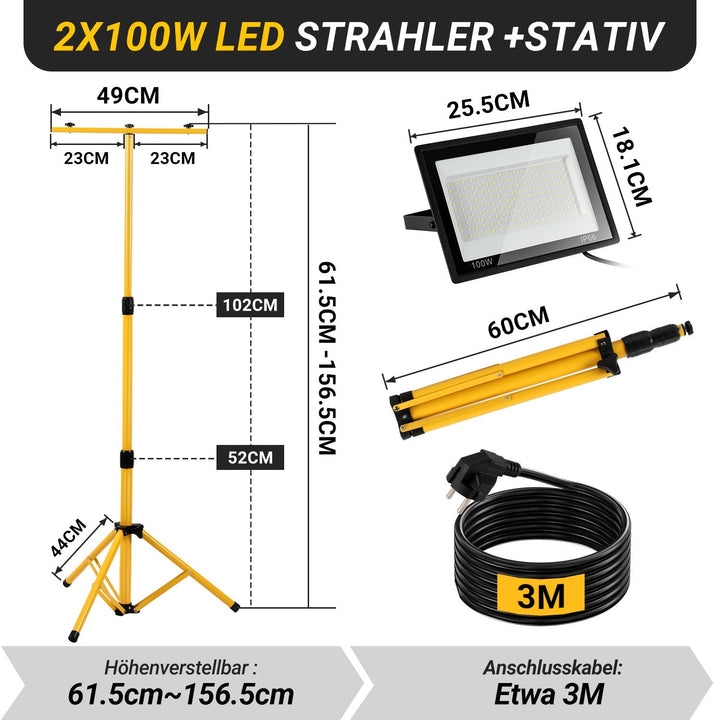 LED Construction Spotlight 2 x 50W/100W/200W with Tripod Adjustable | Stornfield