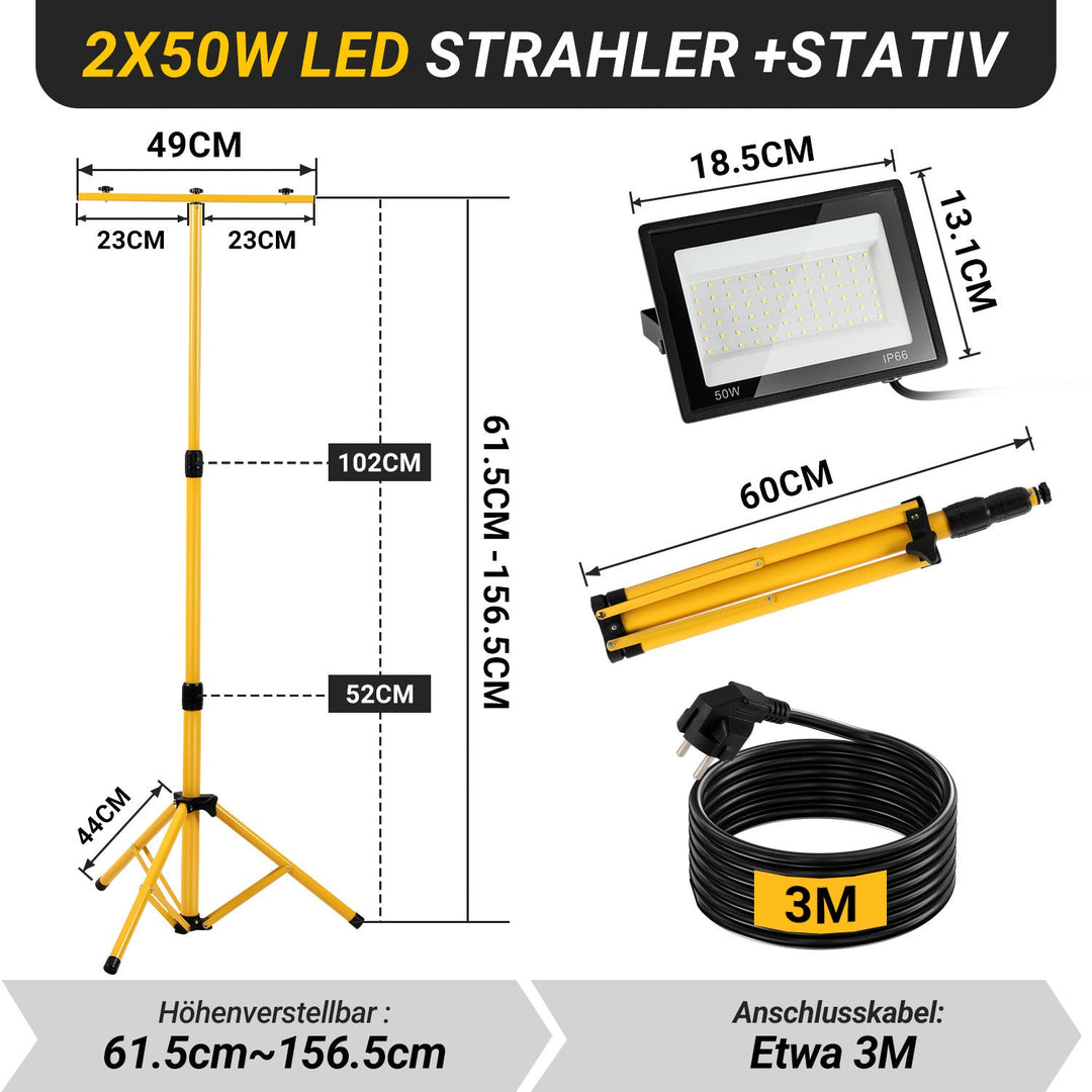 LED Construction Spotlight 2 x 50W/100W/200W with Tripod Adjustable | Stornfield