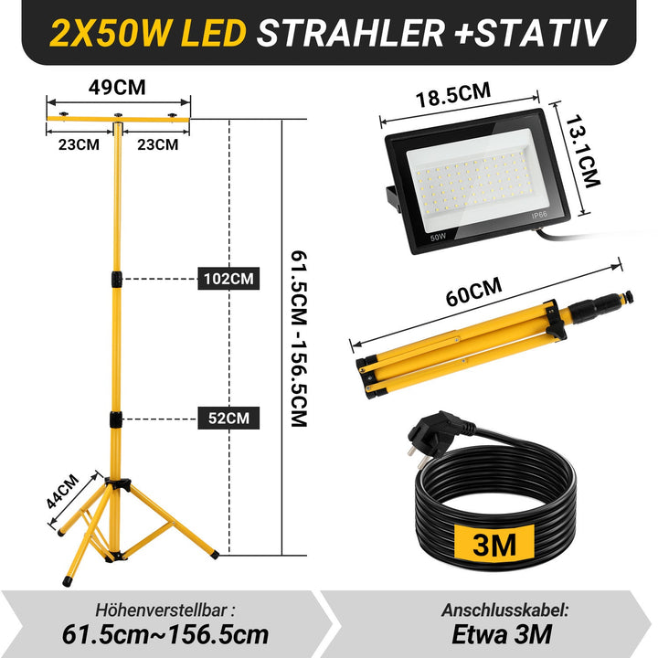 LED Construction Spotlight 2 x 50W/100W/200W with Tripod Adjustable | Stornfield