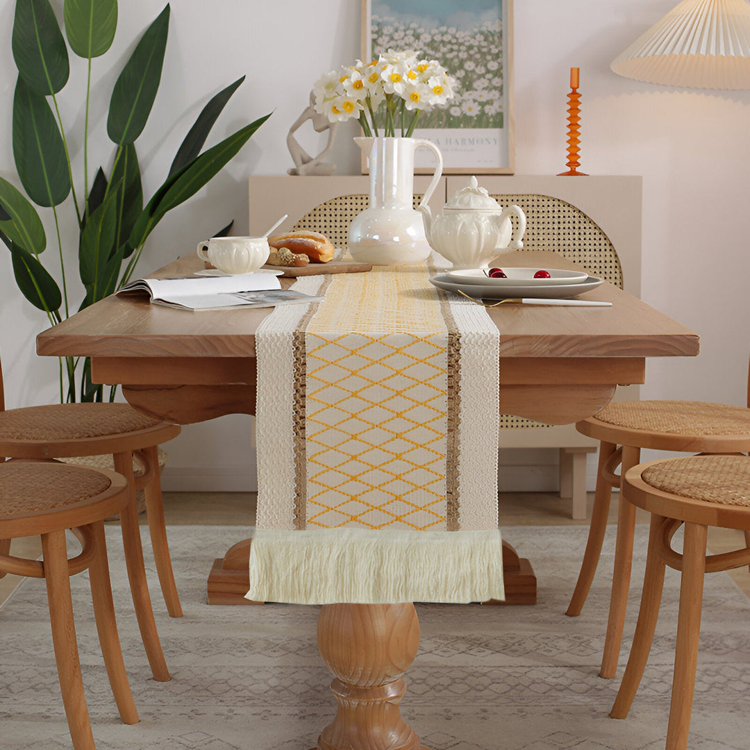 Boho Macrame Cotton Linen Table Runner with Tassels | Stornfield