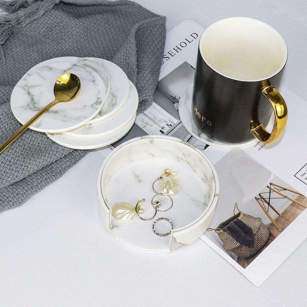 Stornfield | Coastline Vegan Leather Coaster Set | Marble Look | Stylish Surface Protection