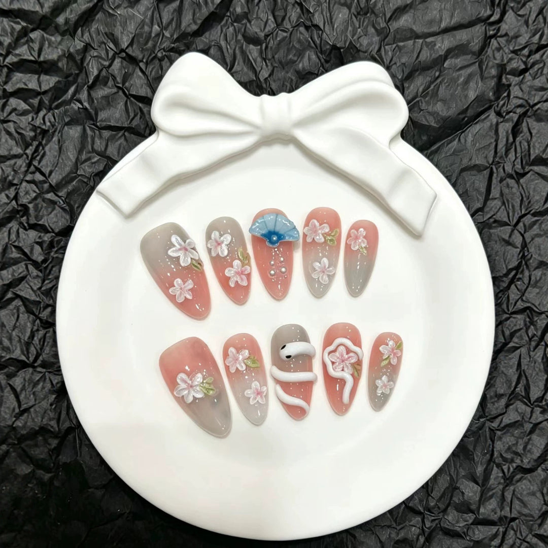 Decorative Press-On Nail Art Set with Floral and Umbrella Accents