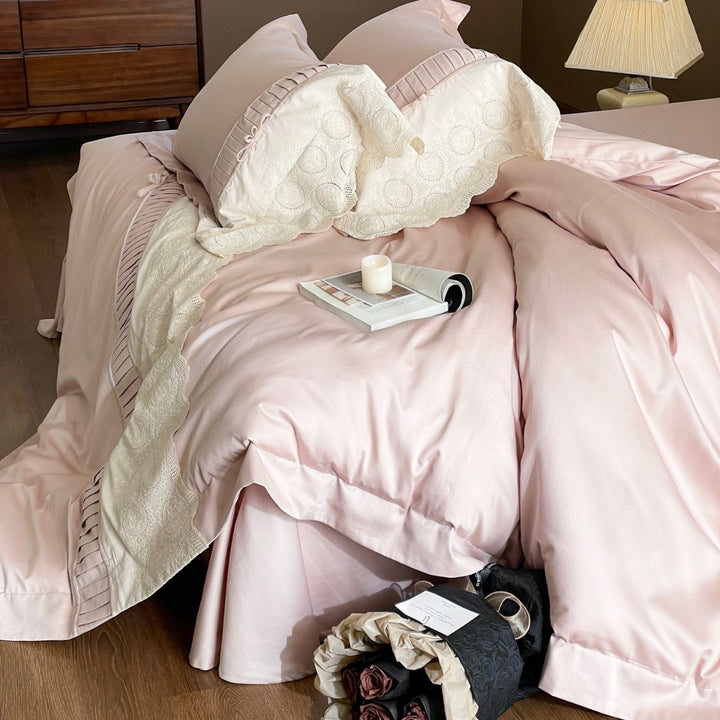 Embroidered Cotton Sateen Duvet Cover Set with Pleated Trim