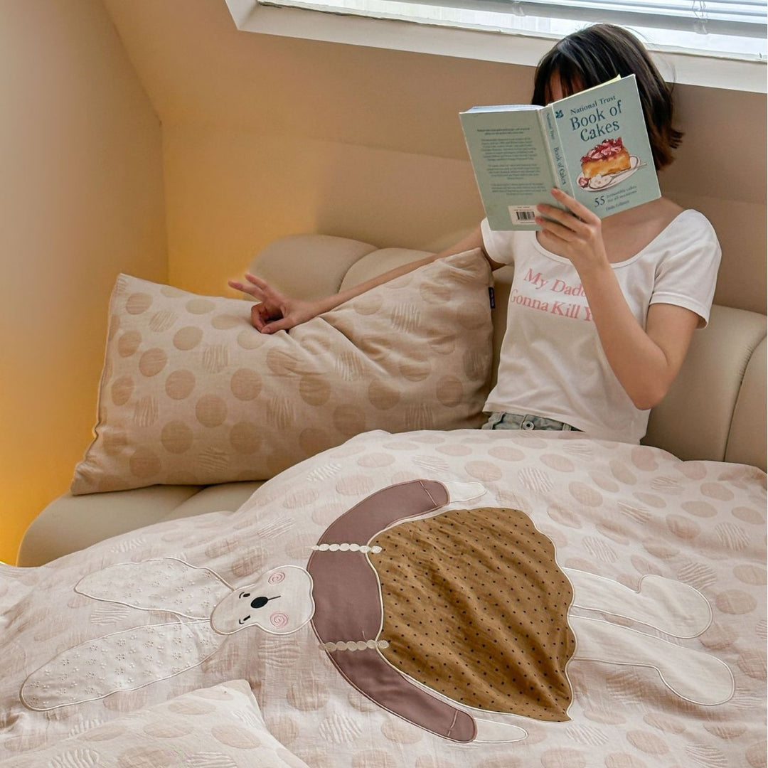 Cotton Reversible Polka Dot Duvet Cover Set with Bunny Appliqué