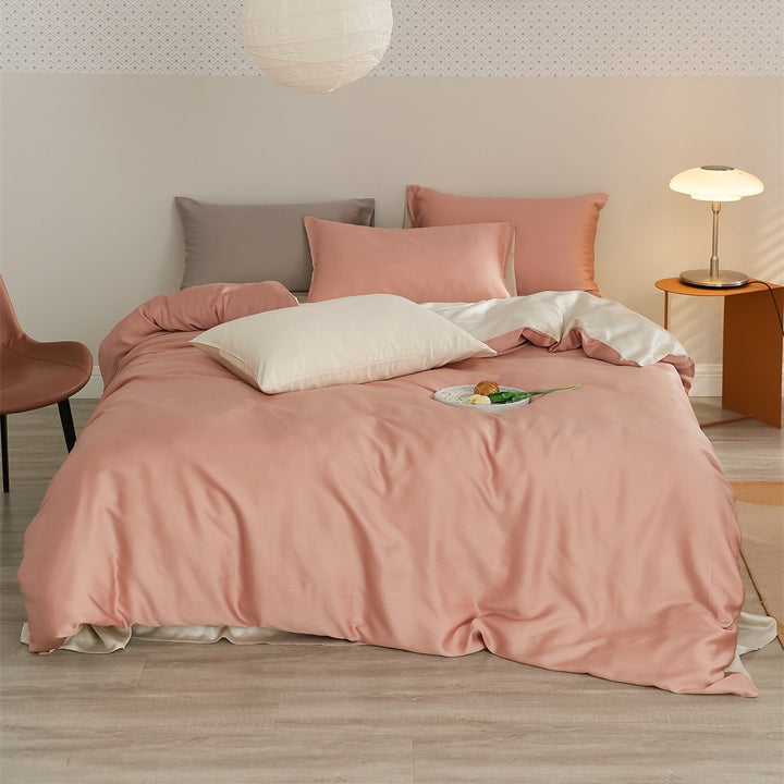 Reversible satin bedding set with a silky glossy feel and skin-friendly cotton blend