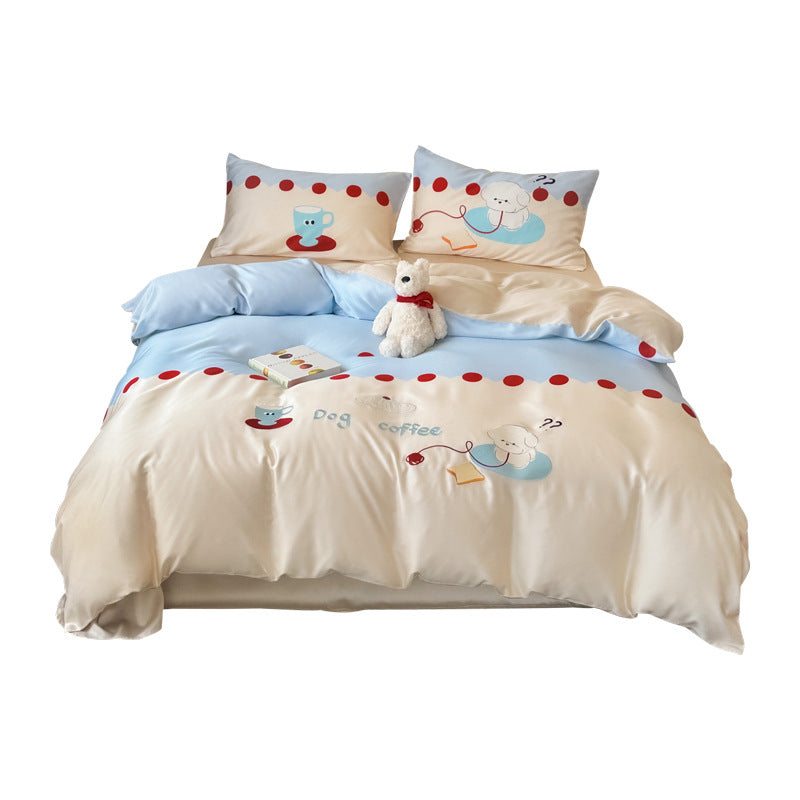 Reversible cotton bedding set with cute dog motif and polka dot border