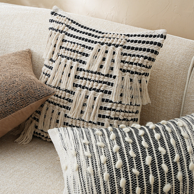 Woven decorative cushion cover with hand-tufted tassels and concealed zipper Stornfield