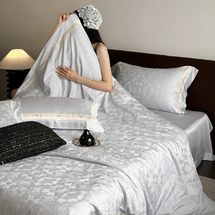 Silk-Feel Jacquard Floral Duvet Cover Set with Satin-Trim Pillow Shams
