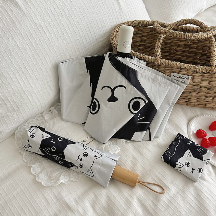Women Folding Umbrella with Playful Cat Pattern Stornfield