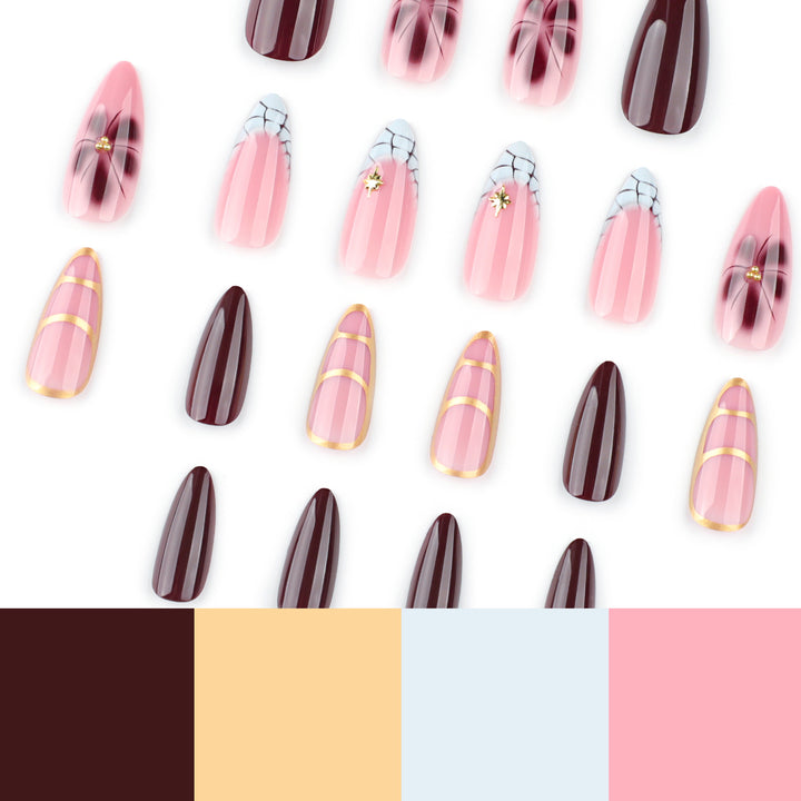 Artful Stiletto nails with gold accents and decorative floral designs Stornfield