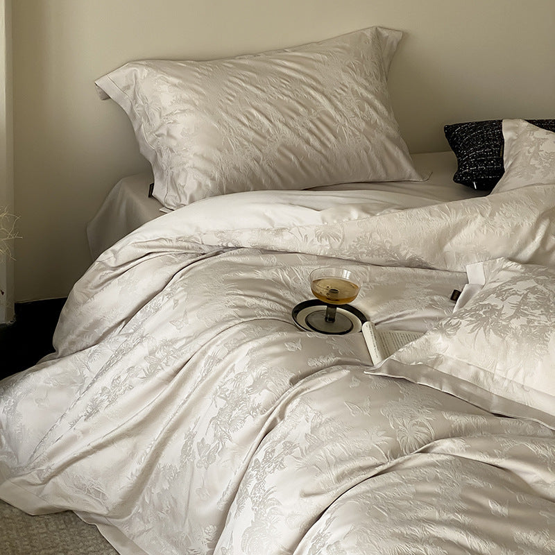 Jacquard Sateen Duvet Cover Set with Subtle Botanical Damask & Deep-Pocket Shams