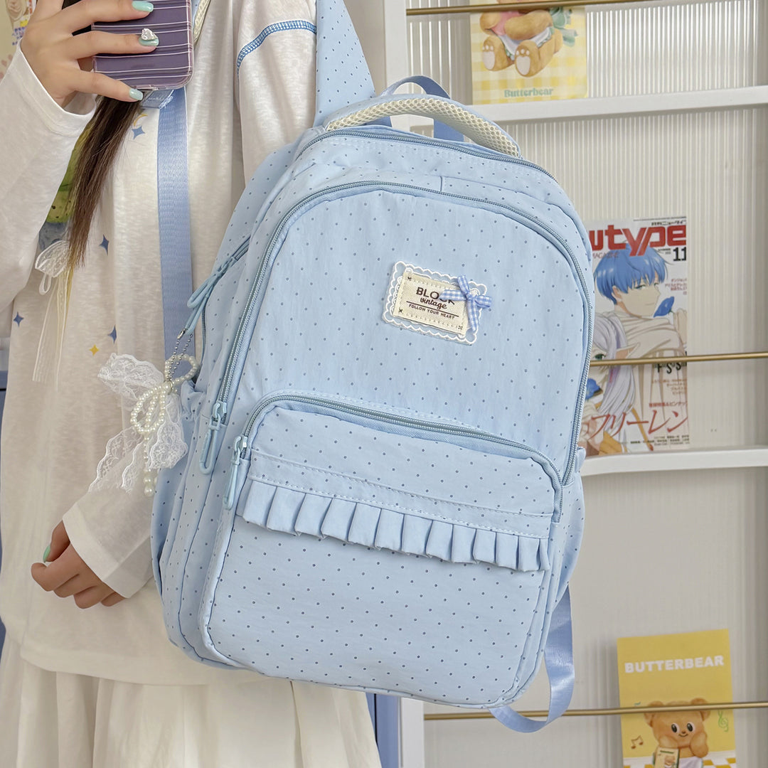 Polka Dot Patterned Backpack with Ruffle Accents Stornfield