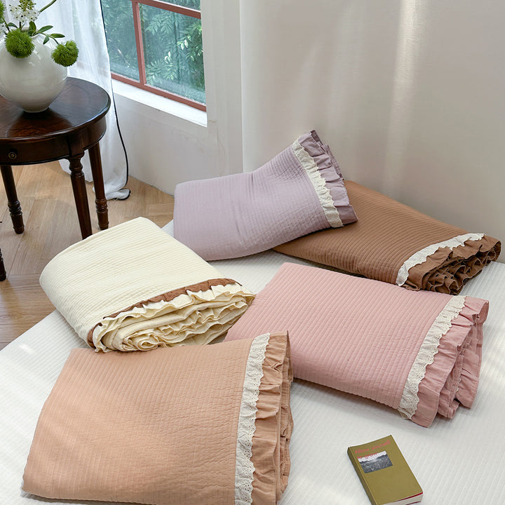Quilted Ruffled Cotton Bedspread Set with Lace-Trim Pillow Shams