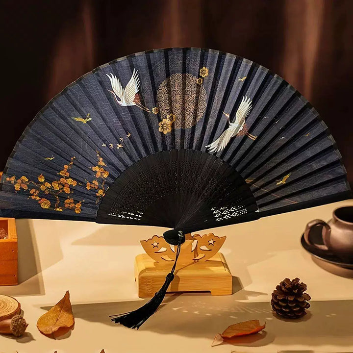 Women One Size hand-painted crane and plum blossom fan with carved wooden ribs and silk tassel Stornfield