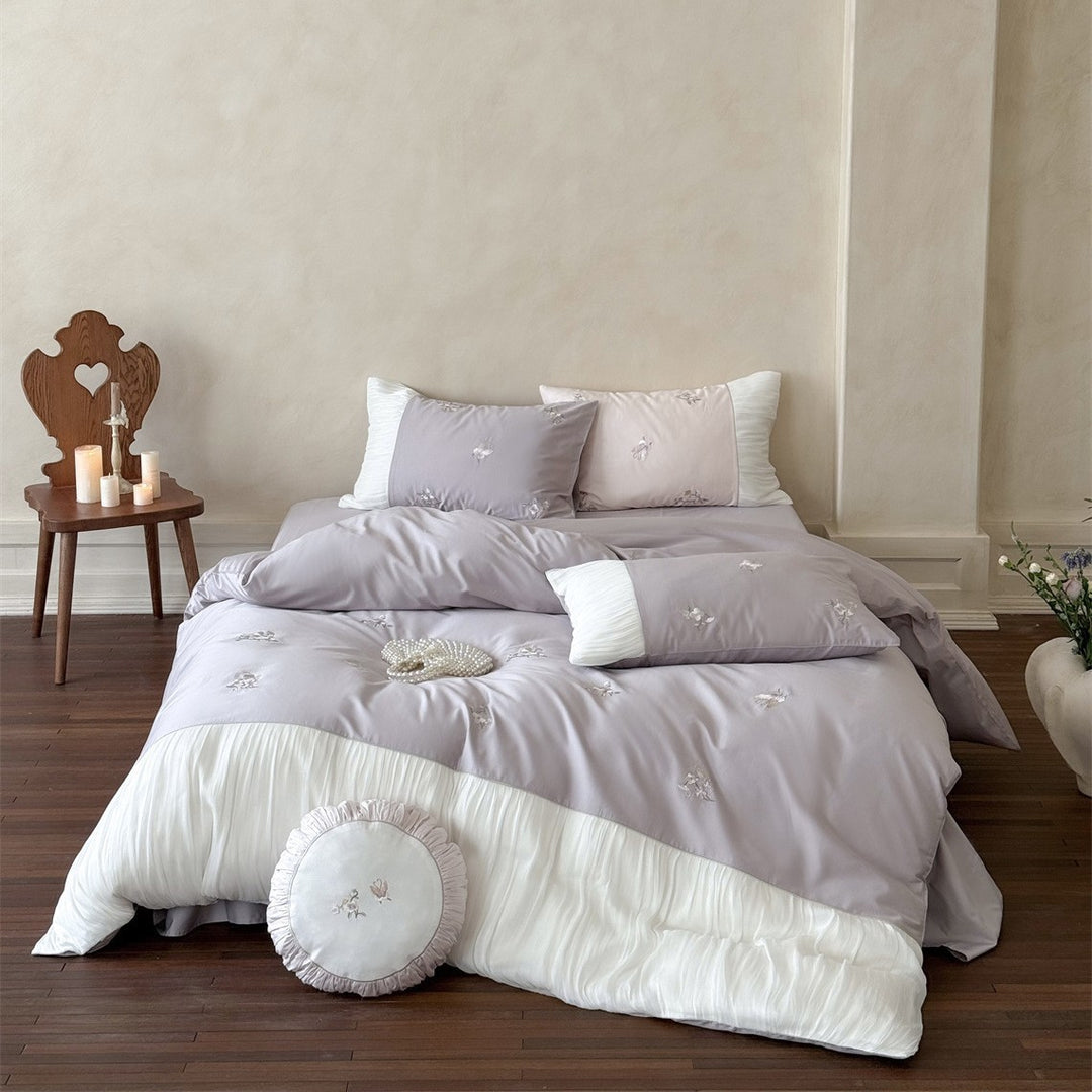 Embroidered Romantic Pleated Cotton-Sateen Duvet Cover Set