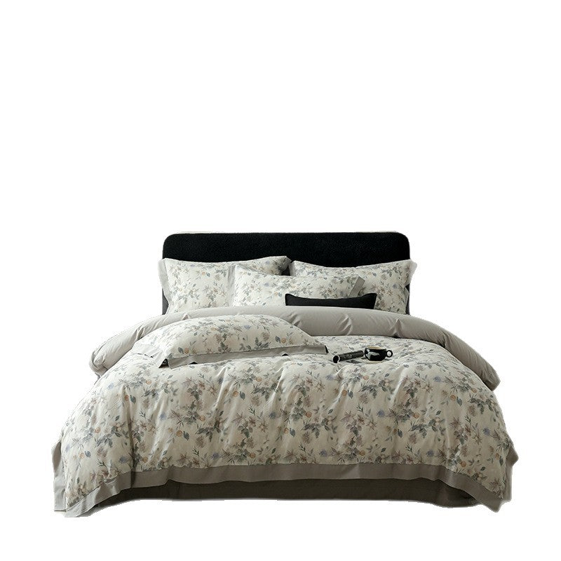 Botanical-Print Washed Cotton Duvet Cover Set with Contrast Hem and Oxford Border Pillowcases