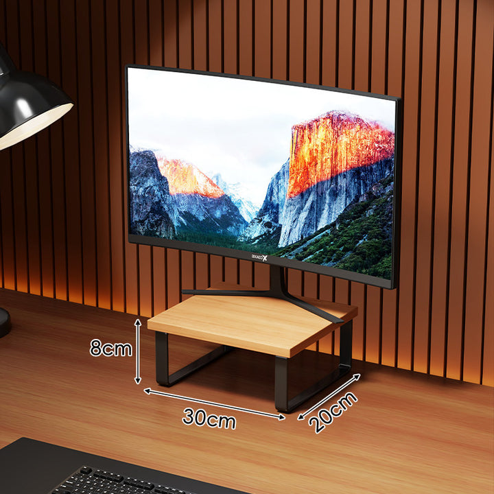 Compact Wooden-Top Monitor Riser Stand with Metal Frame and Under-Shelf Storage