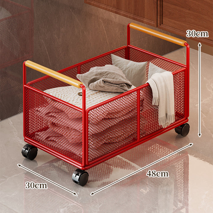 Freestanding Mesh Storage Crate with Wooden Grip Handles for Living Room and Laundry