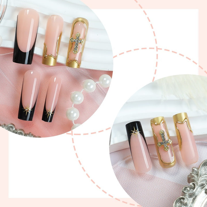 Nail set with elegant black-blush design and 3D accents Stornfield