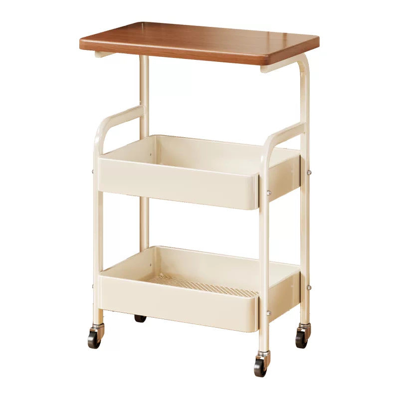 Narrow Mobile Bedside Rolling Table with Wood Top and Lower Metal Storage Tray