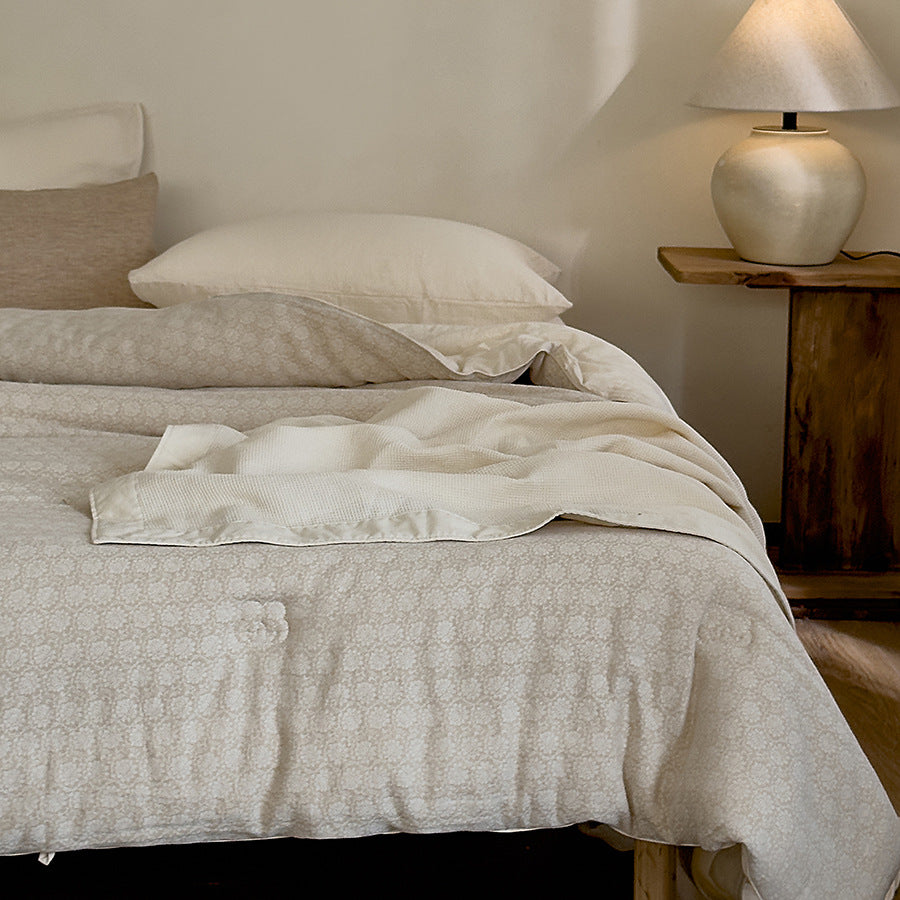Textured Cotton Sateen Duvet Cover Set with Subtle Floral Jacquard and Button Closure