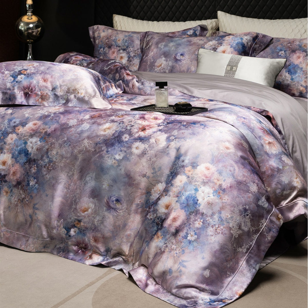 Silky Sateen Floral Duvet Cover Set with Reversible Satin Back and Luxury Pillow Shams