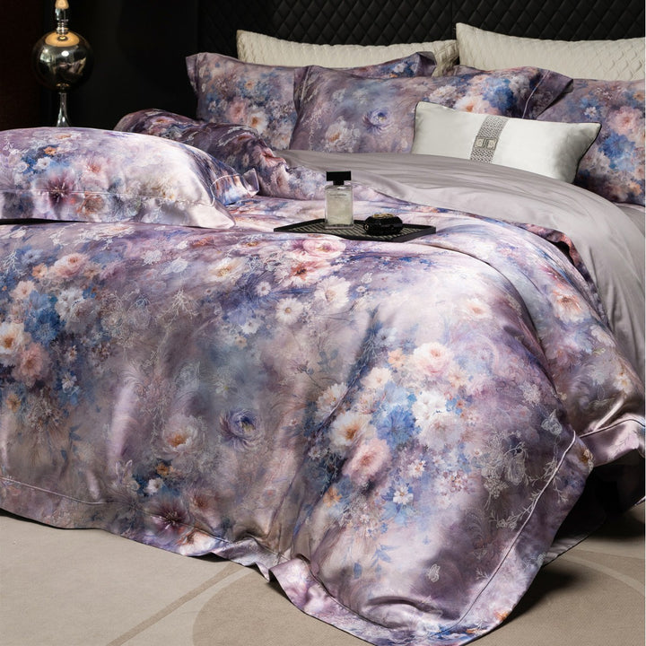 Silky Sateen Floral Duvet Cover Set with Reversible Satin Back and Luxury Pillow Shams