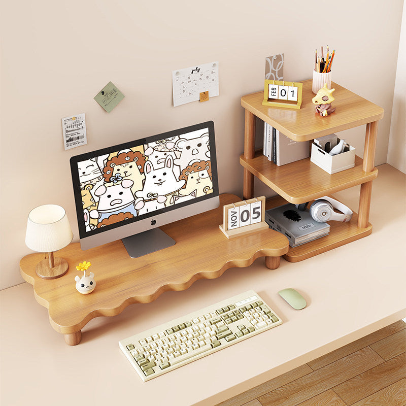 Solid Wood Monitor Riser with Tiered Desk Organizer and Cable Management