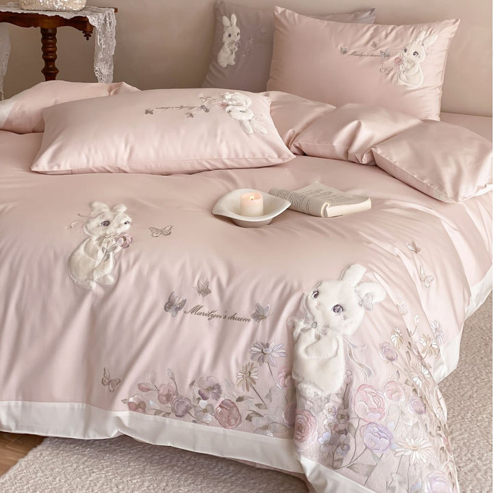 Romantic cotton satin bed linen with 3D plush rabbit appliqué and floral embroidery