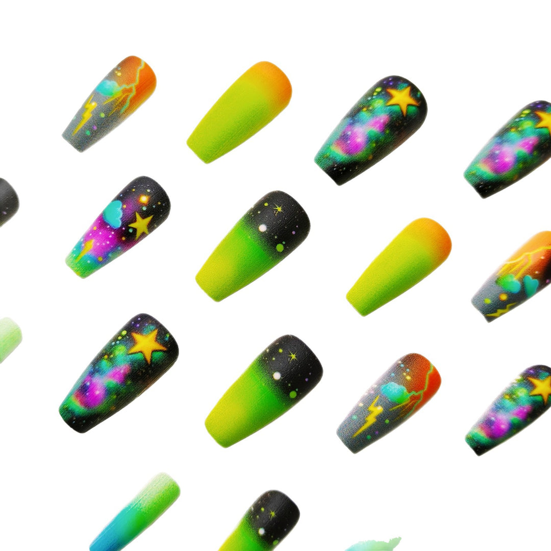 Creative acrylic nails with neon galaxy design Stornfield