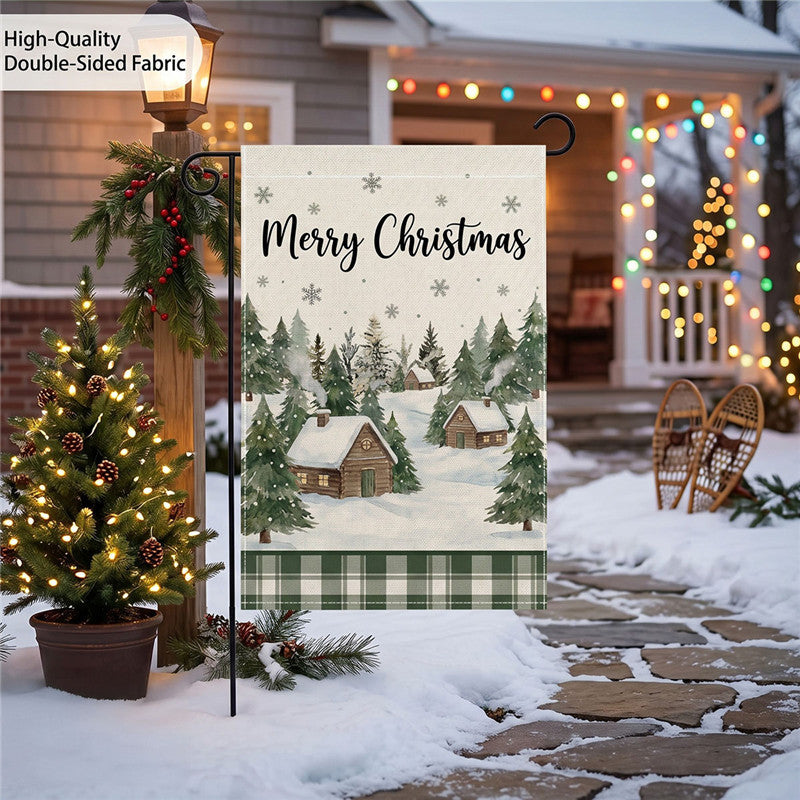 Heavy-Duty Weather-Resistant Burlap Garden Flag Featuring Welcome Script and Plaid Gnome Duo Illustration