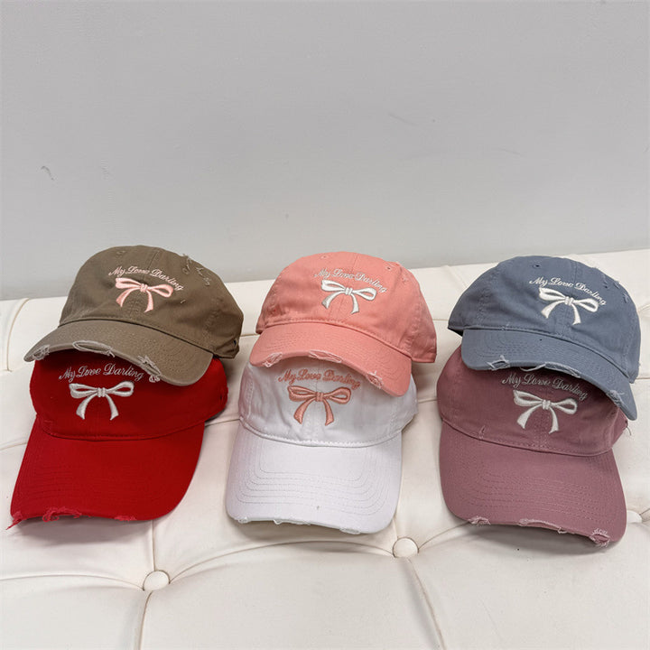 Women's Distressed Cotton Baseball Cap with Bow Embroidery Stornfield