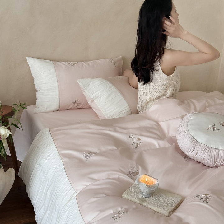 Embroidered Romantic Pleated Cotton-Sateen Duvet Cover Set