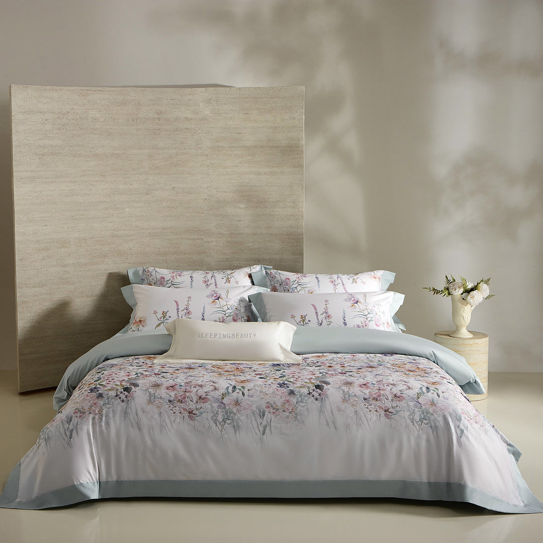 Floral Watercolor Cotton Sateen Duvet Cover Set with Hidden Zipper & Embroidered Pillow Shams