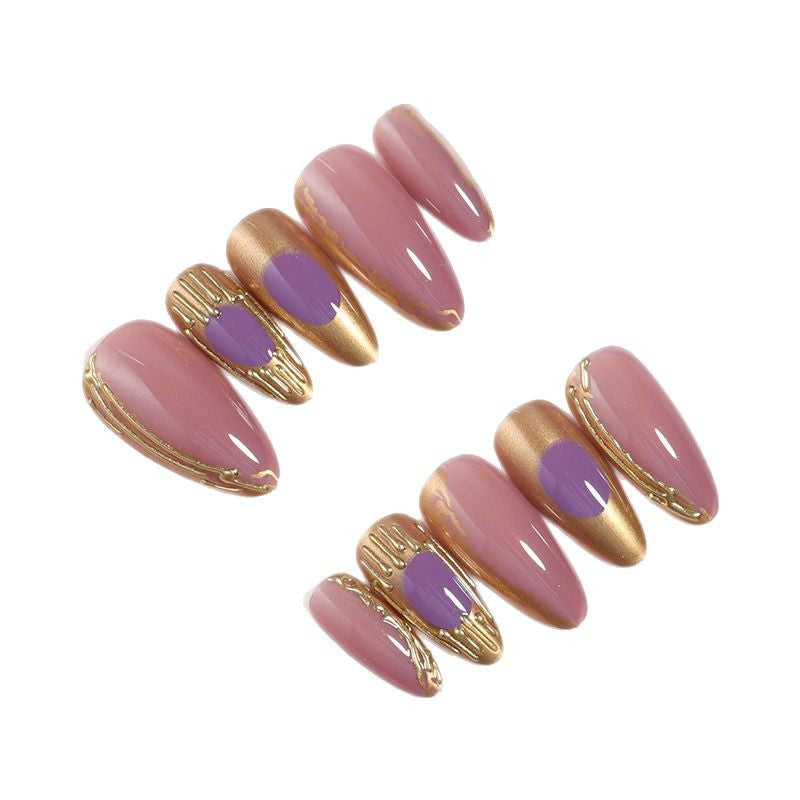 Artistic Press-On Nail Set with Gold and Purple Accents Stornfield