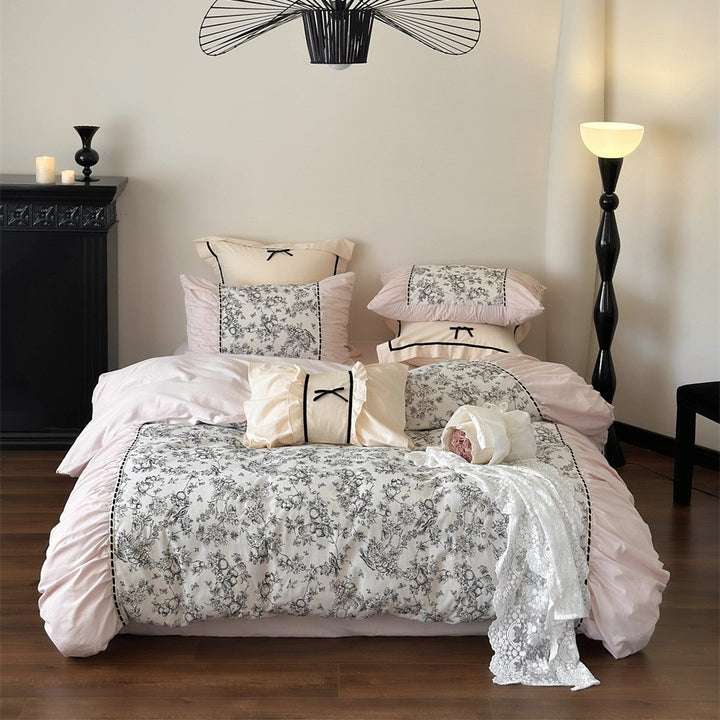 Luxury Floral Cotton Sateen Duvet Cover Set with Ruffled Pillow Shams