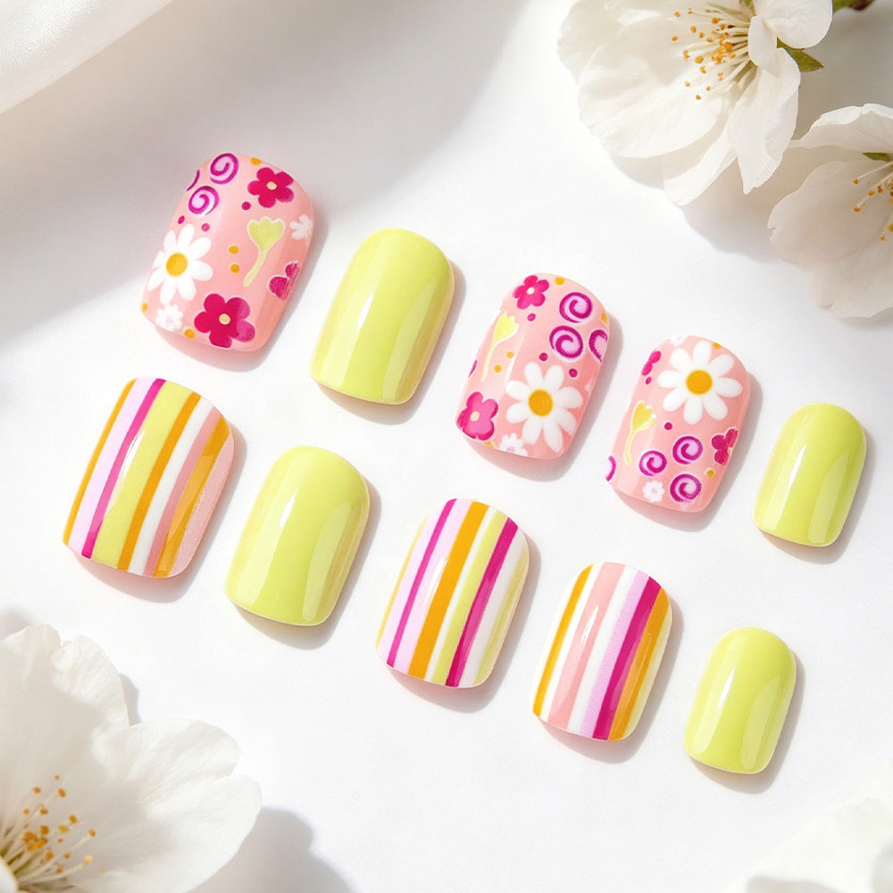 Artistic Floral and Striped Press-On Nail Art Stornfield