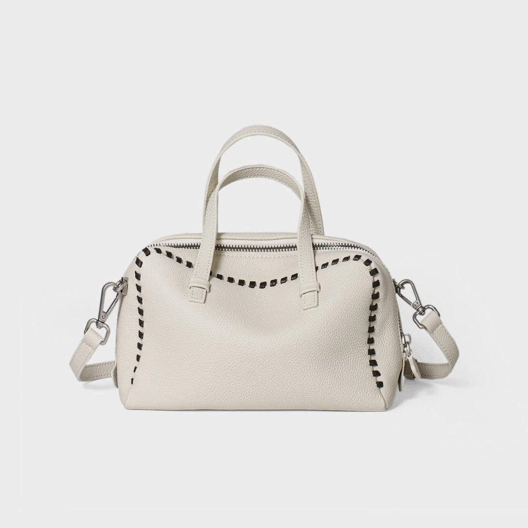 Pebbled Leather Top-Handle Crossbody Satchel with Whipstitch Trim