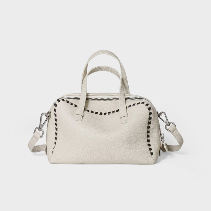 Pebbled Leather Top-Handle Crossbody Satchel with Whipstitch Trim