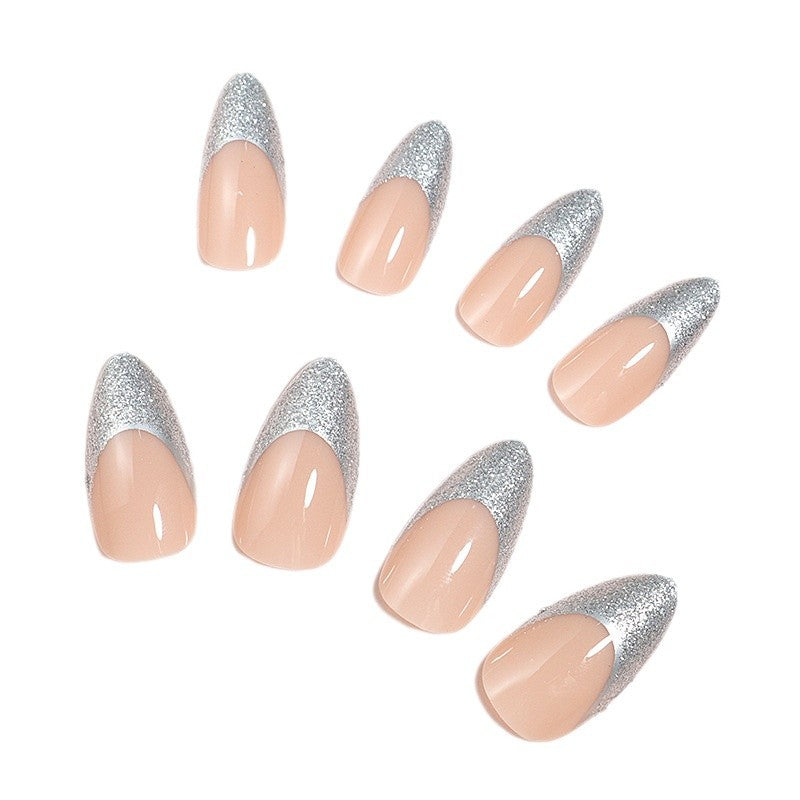 Elegant Glossy Almond-Shaped Press-On Nails with Silver Glitter Tips Stornfield