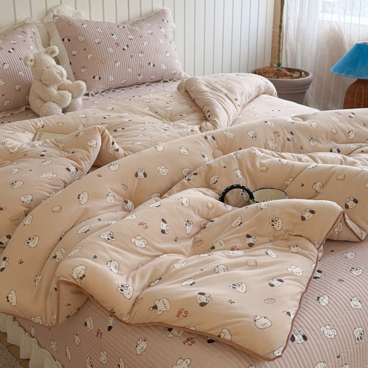 Quilted Cotton-Blend Light Comforter with Botanical Micro-Print and Contrast Piped Edge