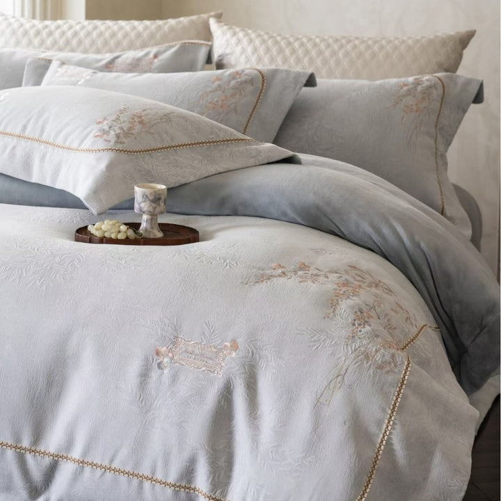 Embroidered Botanical Jacquard Duvet Cover Set