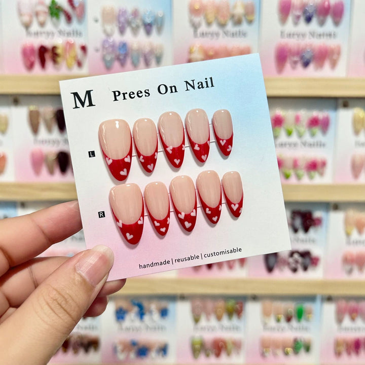 Handmade Press-On Nail Set with Heart Pattern