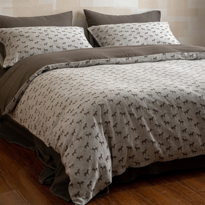 Printed Linen-Blend Reversible Duvet Cover Set with Horse Motif