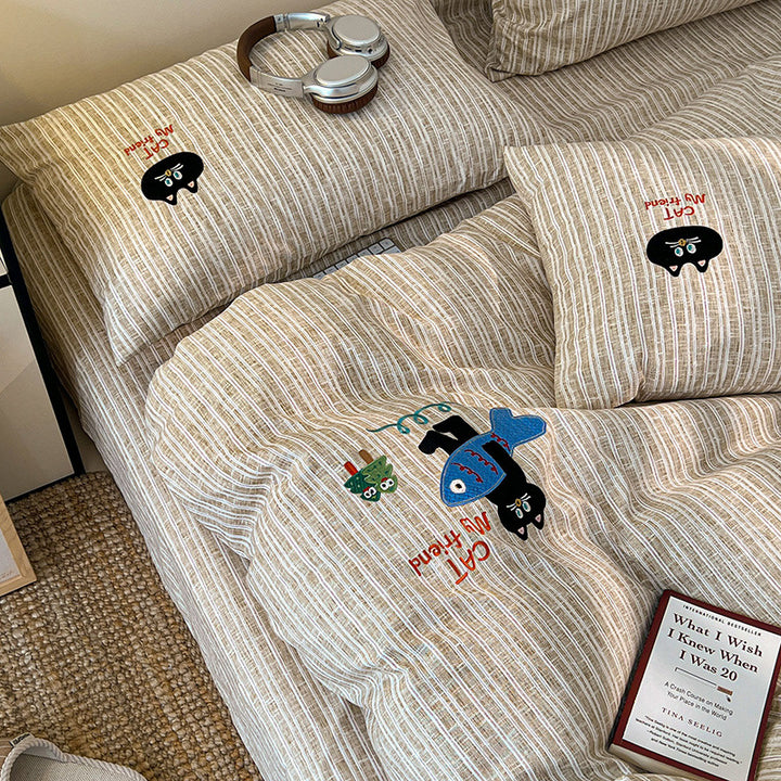 Embroidered Cotton-Blend Stripe Duvet Cover Set with Playful Cat & Fish Appliqué
