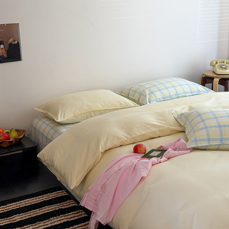 Plaid Cotton Percale Sheet Set with Deep-Fit Fitted Sheet and Envelope Pillowcases