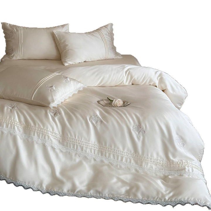Luxe Embroidered Sateen Duvet Cover Set with Lace Trim and Tailored Bed Skirt