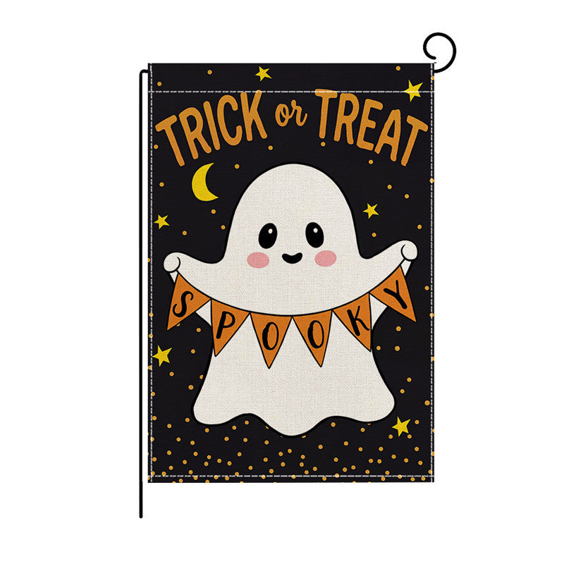 Outdoor Halloween Garden Flag Double-Sided Polyester Yard Banner with Skeleton and Jack-o'-Lantern Illustration