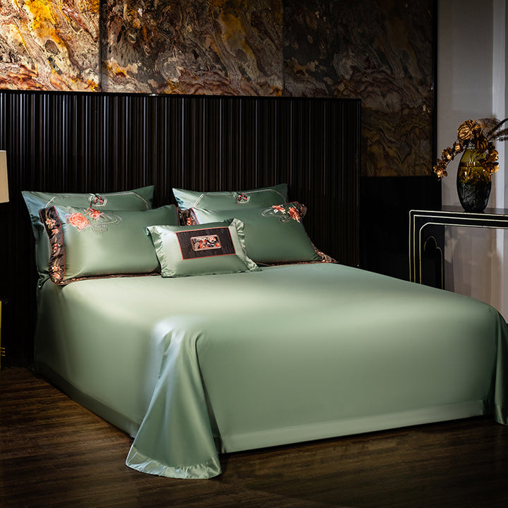 Luxurious Embroidered Satin Duvet Cover Set with Floral Border and Decorative Pillowcases